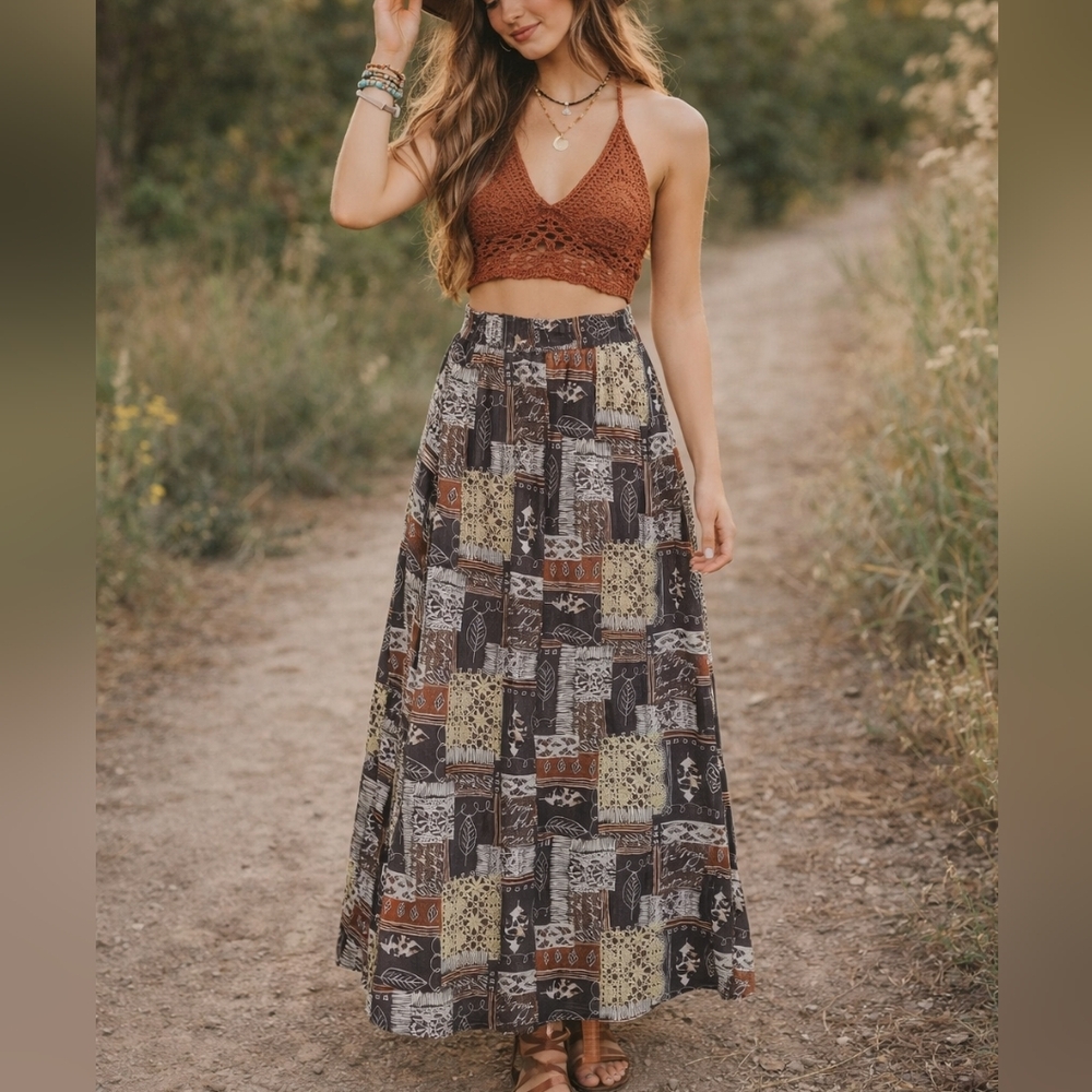 Vintage Patchwork Boho 100% Silk Button Front Mid… - image 1